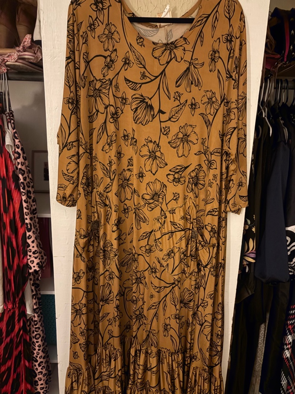 Mustard Floral Scoop Maxi Dress with Long Sleeves
